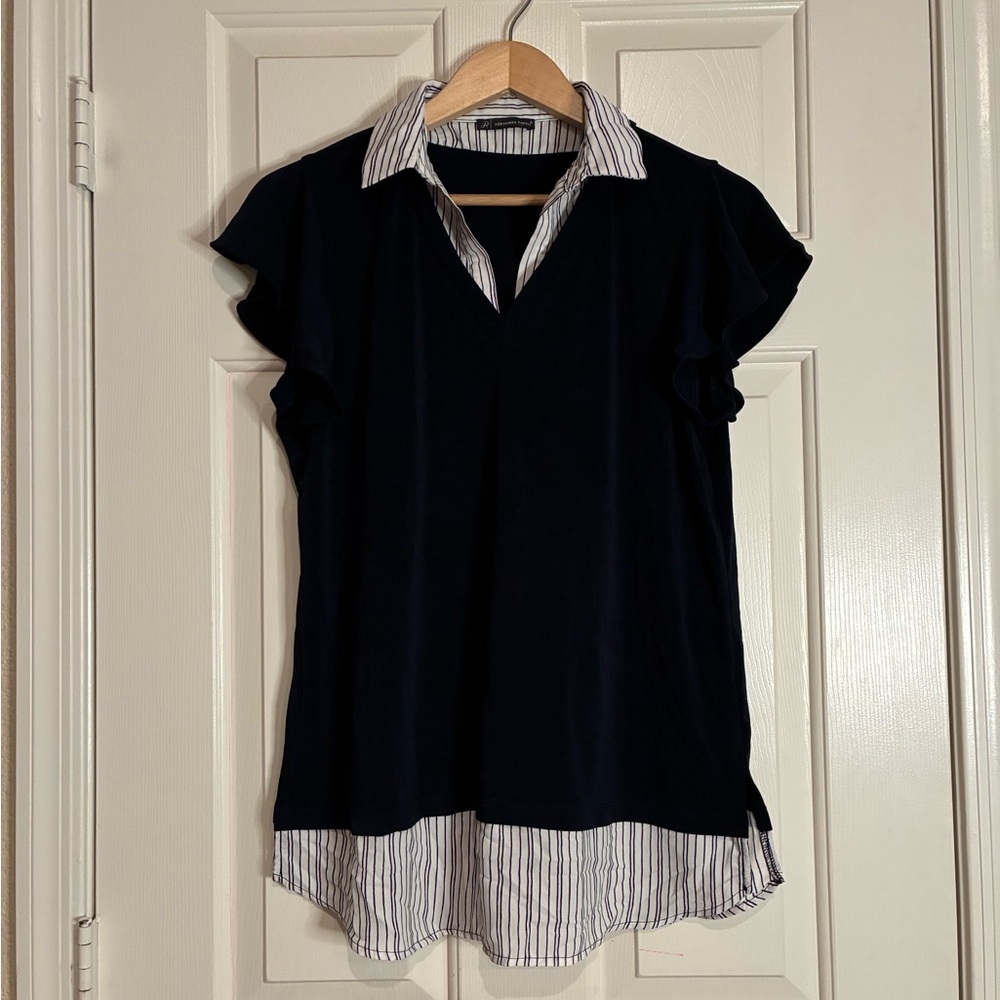 Adrianna Papell Dark Blue Blouse with White Stripes